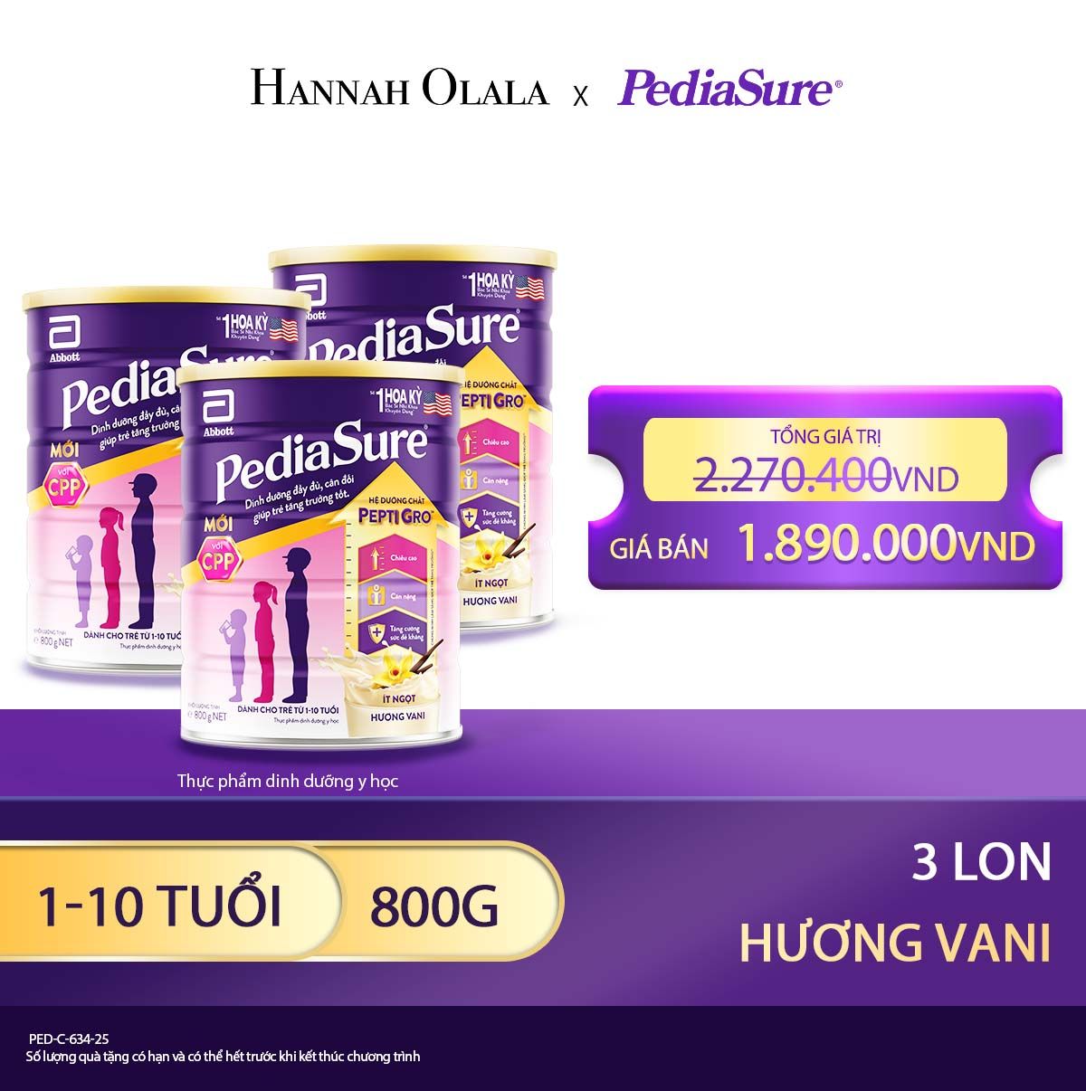  E94_DEAL 3: 3 LON PEDIASURE DẠNG BỘT HƯƠNG VANI 800G 