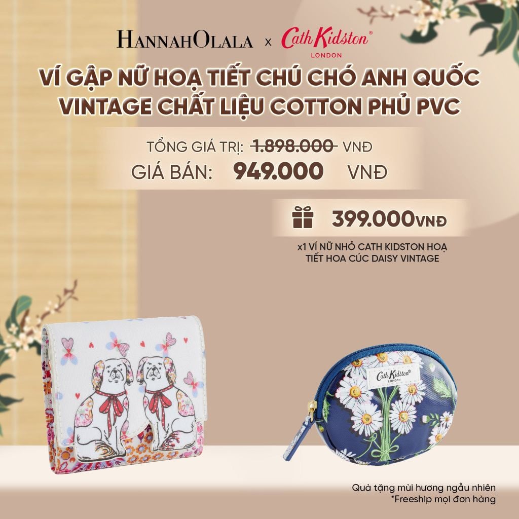  VÍ GẬP NỮ CATH KIDSTON HOẠ TIẾT CHÚ CHÓ ANH QUỐC VINTAGE CHẤT LIỆU COTTON PHỦ PVC MỜ TRƯỢT NƯỚC - A2405 