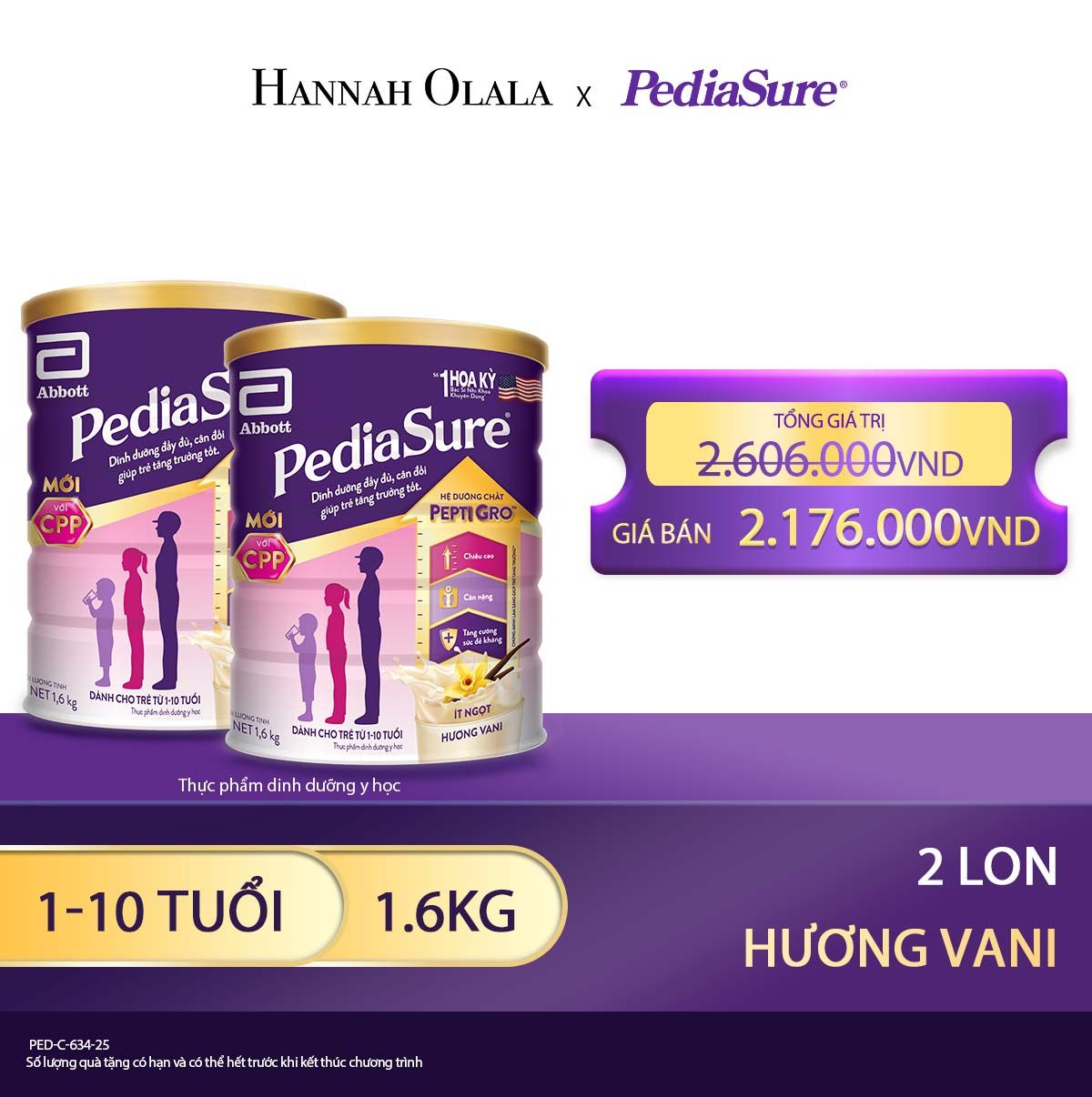  E81_DEAL 7: 2 LON PEDIASURE DẠNG BỘT HƯƠNG VANI 1.6KG 