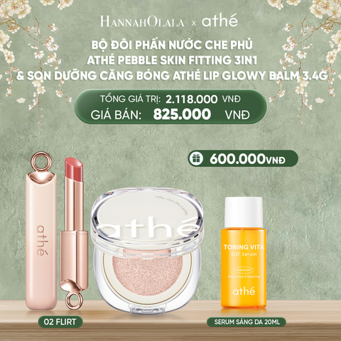  DEAL 5: COMBO PHẤN NƯỚC CHE PHỦ ATHÉ PEBBLE SKIN FITTING CUSHION 3IN1 CHO LỚP NỀN MỊN MÀNG SPF50+ PA++++ & SON DƯỠNG CĂNG BÓNG ATHÉ LIP GLOWY BALM 3.4G (MÀU 02 FLIRT) 