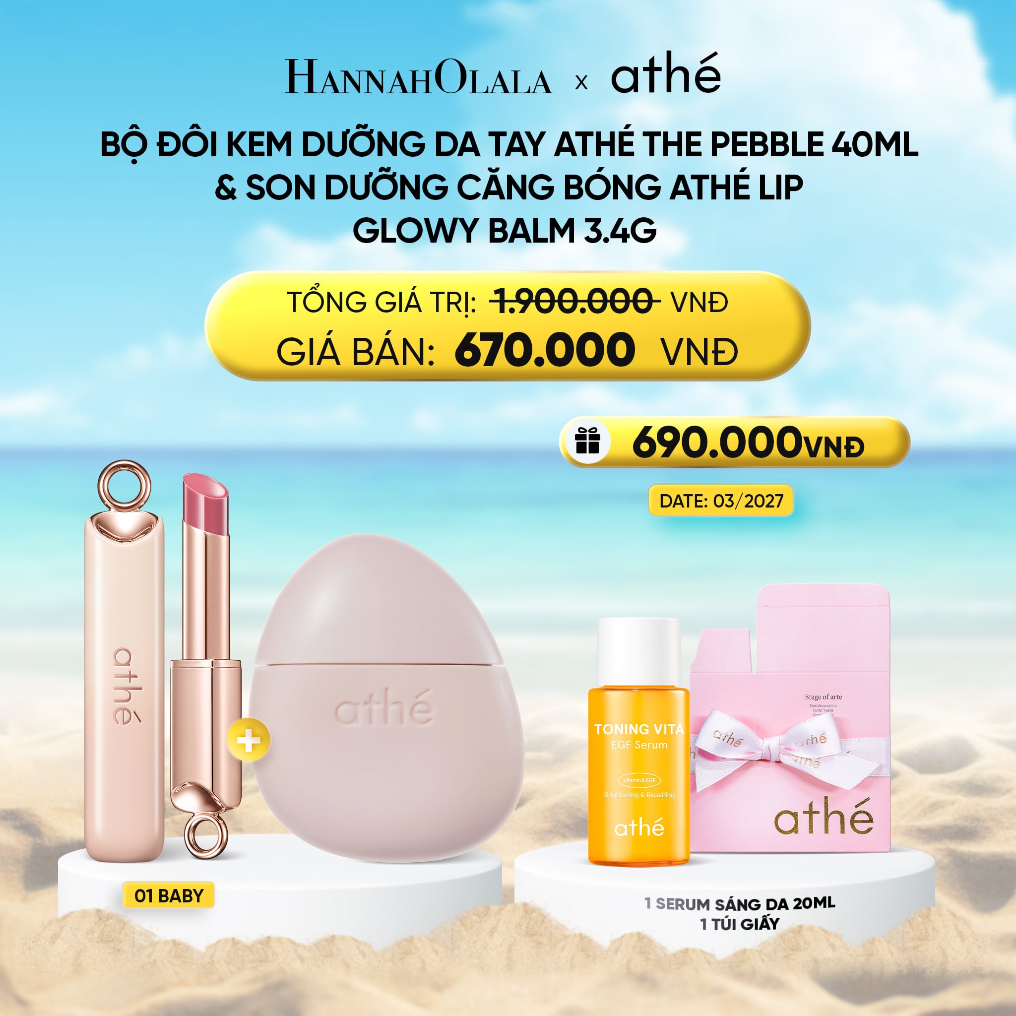 Combo Kem Dưỡng Da Tay ATHÉ The Pebble 40ml với Son Dưỡng Căng Bóng ATHÉ Authentic Lip Glowy Balm 3.4g