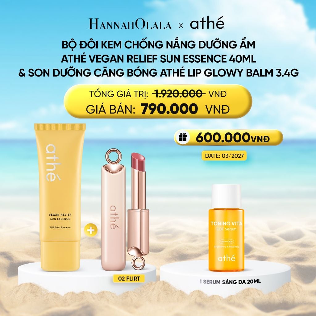 DEAL 5: COMBO KEM CHỐNG NẮNG DƯỠNG ẨM ATHÉ VEGAN RELIEF SUN ESSENCE 40ML VỚI SON DƯỠNG CĂNG BÓNG ATHÉ AUTHENTIC LIP GLOWY BALM 3.4G (MÀU 02 FLIRT) 