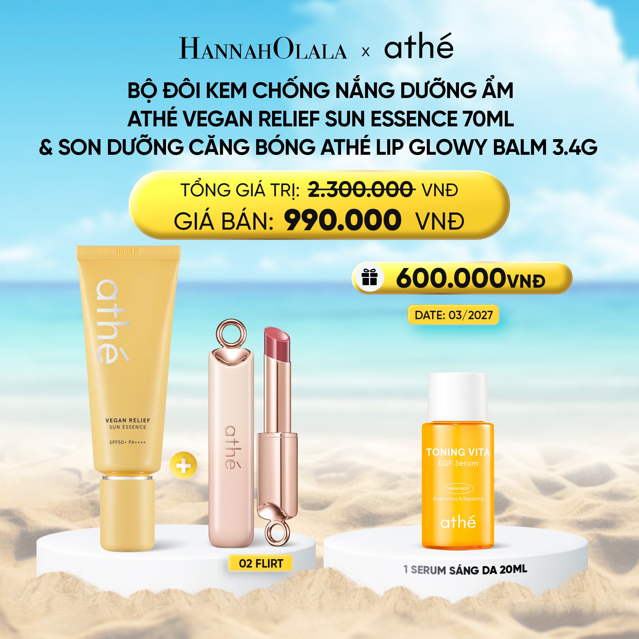 A1740_deal 5: combo kem chống nắng dưỡng ẩm athé vegan relief sun essence 40ml với son dưỡng căng bóng athé authentic lip glowy balm 3.4g (màu 02 flirt)
