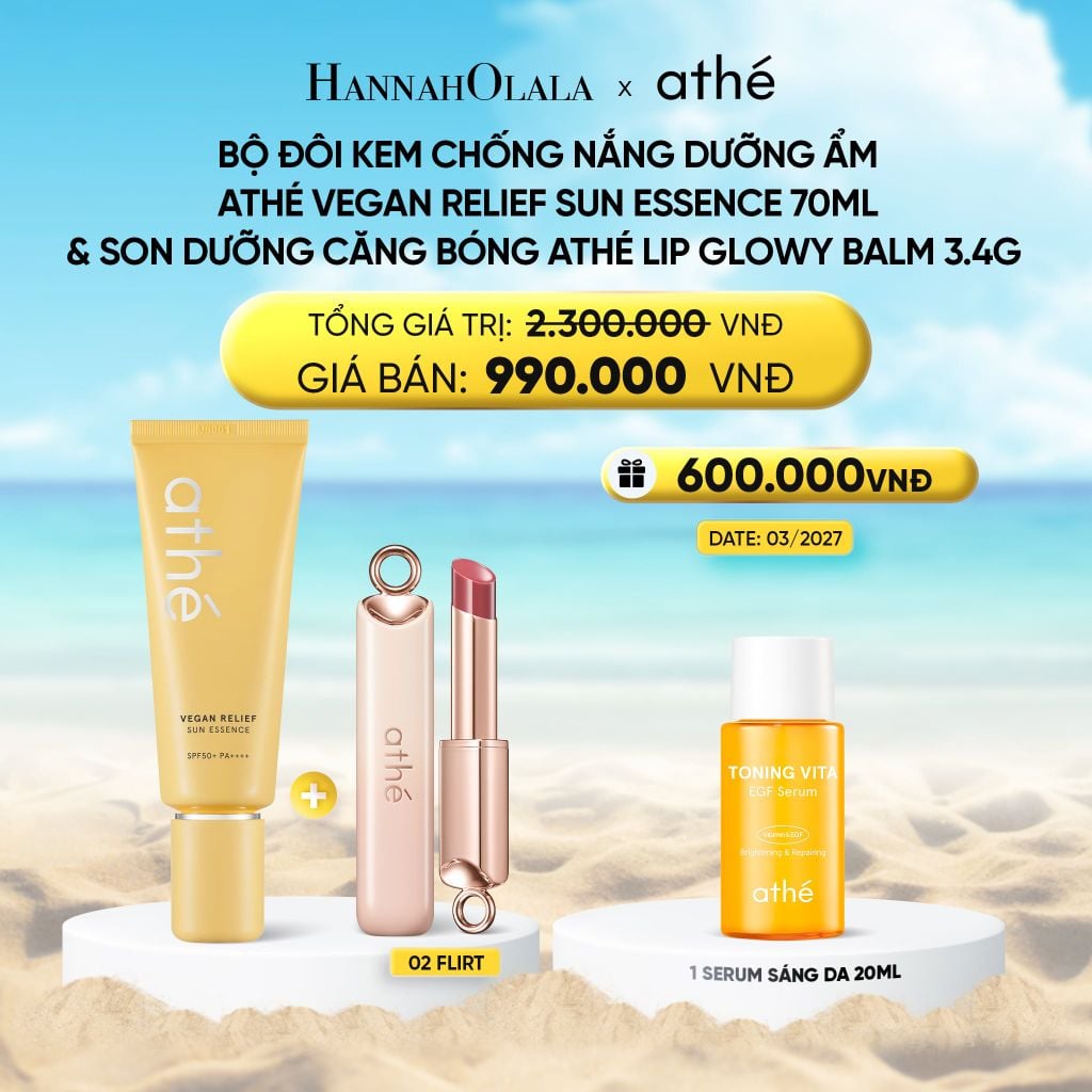  DEAL 5: COMBO KEM CHỐNG NẮNG DƯỠNG ẨM ATHÉ VEGAN RELIEF SUN ESSENCE 40ML VỚI SON DƯỠNG CĂNG BÓNG ATHÉ AUTHENTIC LIP GLOWY BALM 3.4G (MÀU 02 FLIRT) 