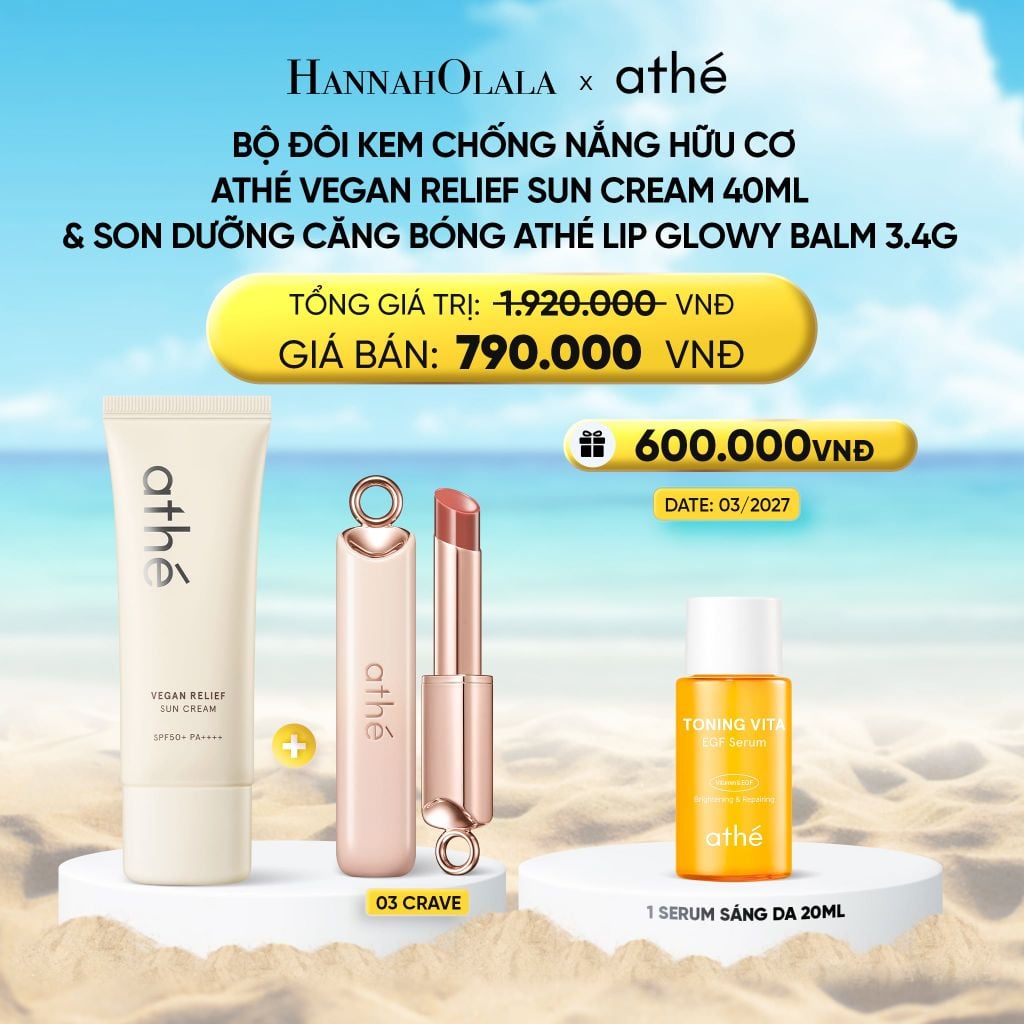  DEAL 6: COMBO KEM CHỐNG NẮNG HỮU CƠ ATHÉ VEGAN RELIEF SUN CREAM 40ML VỚI SON DƯỠNG CĂNG BÓNG ATHÉ AUTHENTIC LIP GLOWY BALM 3.4G (MÀU 03 CRAVE) 