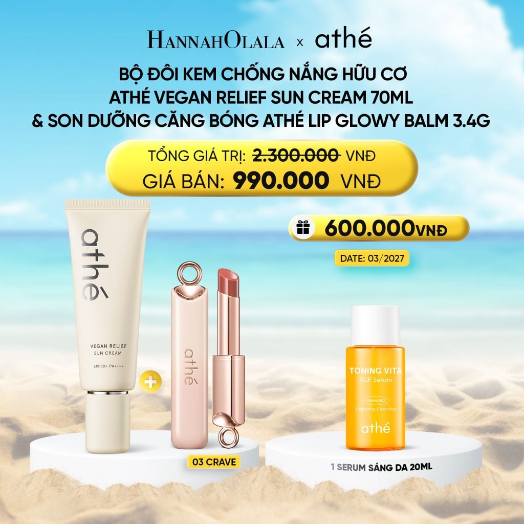  DEAL 6: COMBO KEM CHỐNG NẮNG HỮU CƠ ATHÉ VEGAN RELIEF SUN CREAM 40ML VỚI SON DƯỠNG CĂNG BÓNG ATHÉ AUTHENTIC LIP GLOWY BALM 3.4G (MÀU 03 CRAVE) 