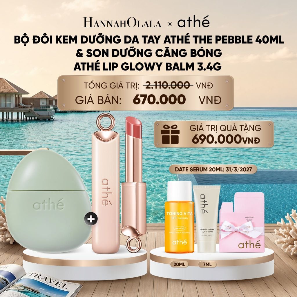  COMBO KEM DƯỠNG DA TAY ATHÉ THE PEBBLE 40ML VỚI SON DƯỠNG CĂNG BÓNG ATHÉ AUTHENTIC LIP GLOWY BALM 3.4G (MÀU 04 DAZZLE)_ D942 