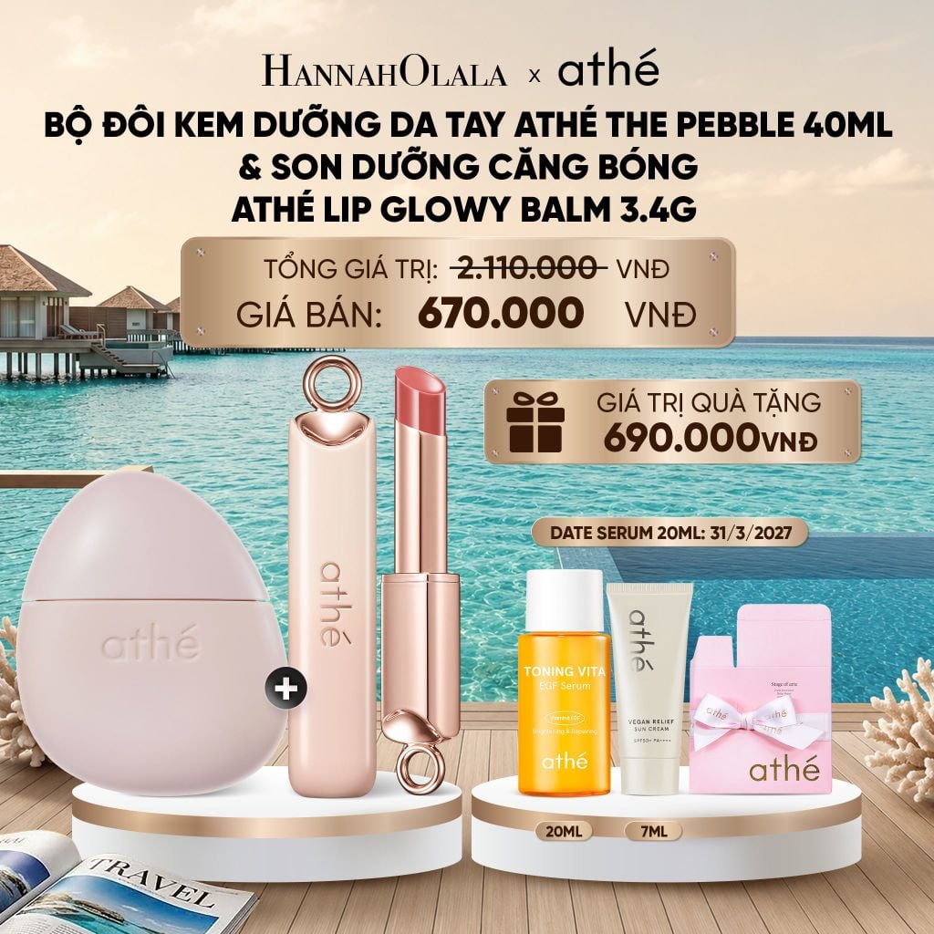  COMBO KEM DƯỠNG DA TAY ATHÉ THE PEBBLE 40ML VỚI SON DƯỠNG CĂNG BÓNG ATHÉ AUTHENTIC LIP GLOWY BALM 3.4G (MÀU 04 DAZZLE)_ D942 