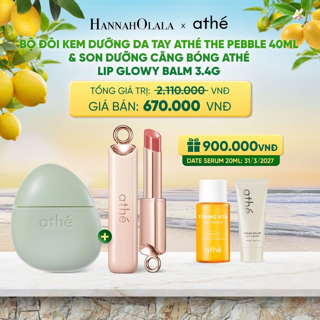  COMBO KEM DƯỠNG DA TAY ATHÉ THE PEBBLE 40ML VỚI SON DƯỠNG CĂNG BÓNG ATHÉ AUTHENTIC LIP GLOWY BALM 3.4G (Màu 04 DAZZLE) - A689 