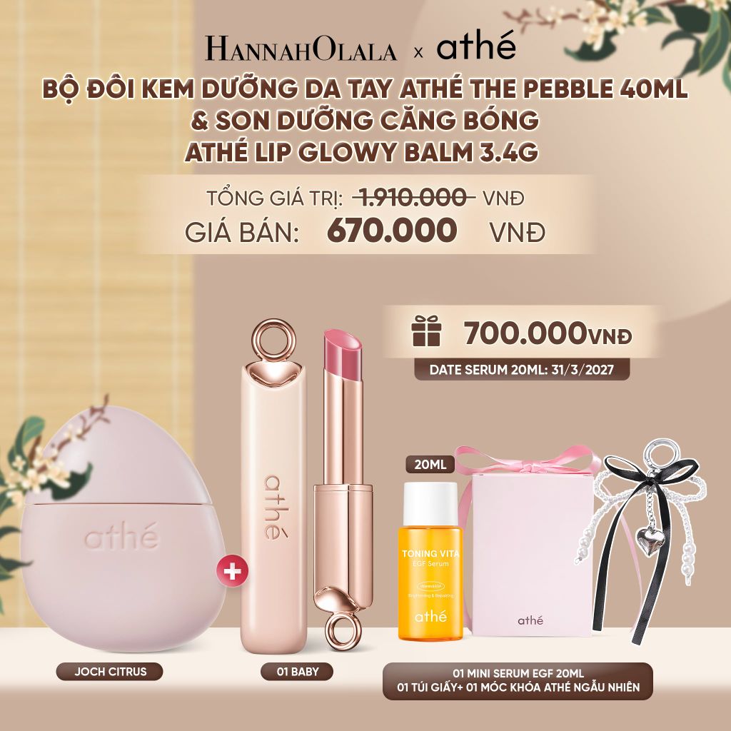  COMBO KEM DƯỠNG DA TAY ATHÉ THE PEBBLE 40ML VỚI SON DƯỠNG CĂNG BÓNG ATHÉ AUTHENTIC LIP GLOWY BALM 3.4G (MÀU 01 BABY) - A1588 