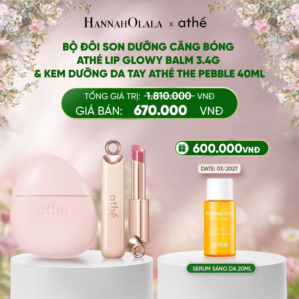  E1566_DEAL 2: COMBO SON DƯỠNG CĂNG BÓNG ATHÉ AUTHENTIC LIP GLOWY BALM 3.4G VỚI KEM DƯỠNG DA TAY ATHÉ THE PEBBLE 40ML 