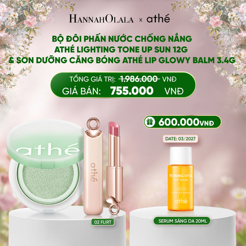  DEAL 3: COMBO PHẤN NƯỚC CHỐNG NẮNG ATHÉ LIGHTING TONE UP SUN CUSHION SÁNG DA NÂNG TONE TỰ NHIÊN 12G + SON DƯỠNG CĂNG BÓNG ATHÉ LIP GLOWY BALM 3.4G (MÀU 02 FLIRT) 