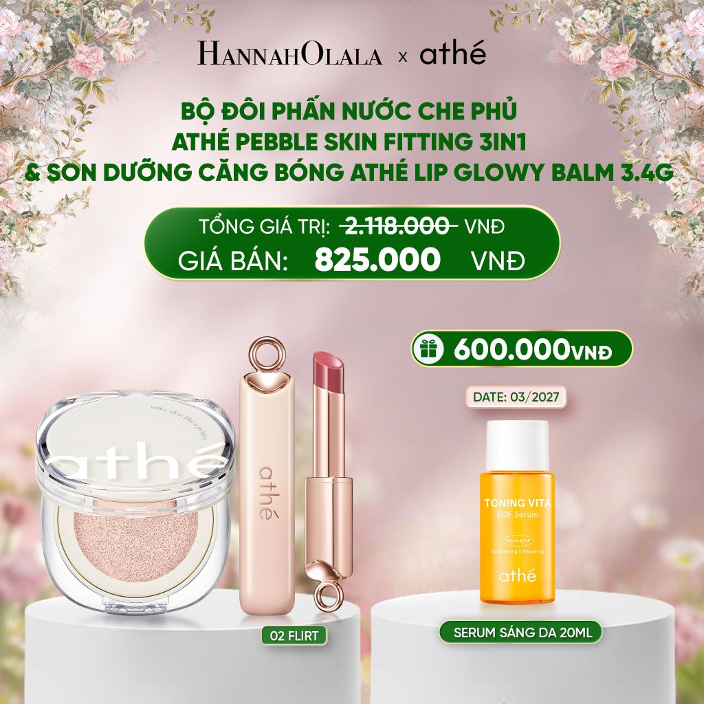  E1559_DEAL 4: COMBO PHẤN NƯỚC CHE PHỦ ATHÉ PEBBLE SKIN FITTING CUSHION 3IN1 CHO LỚP NỀN MỊN MÀNG SPF50+ PA++++ & SON DƯỠNG CĂNG BÓNG ATHÉ LIP GLOWY BALM 3.4G (MÀU 02 FLIRT) 