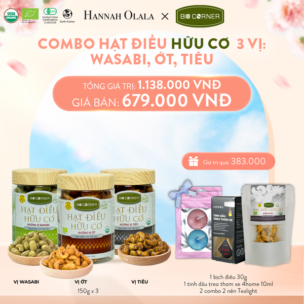  A121_DEAL 2: COMBO HẠT ĐIỀU HỮU CƠ 3 VỊ - WASABI, ỚT, TIÊU 