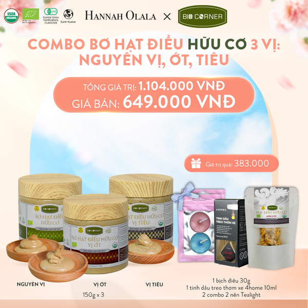  A122_DEAL 3: COMBO BƠ HẠT ĐIỀU HỮU CƠ 3 VỊ - NGUYÊN VỊ, ỚT, TIÊU 