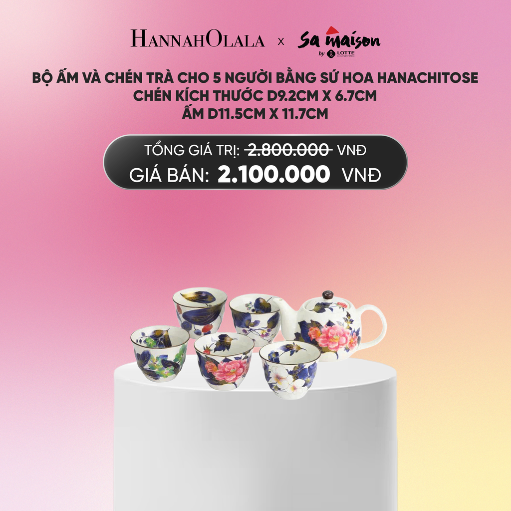  DEAL 9: BỘ ẤM VÀ CHÉN TRÀ CHO 5 NGƯỜI BẰNG SỨ HOA HANACHITOSE, CHÉN KÍCH THƯỚC D9.2CM X 6.7CM, ẤM D11.5CM X 11.7CM_A642 