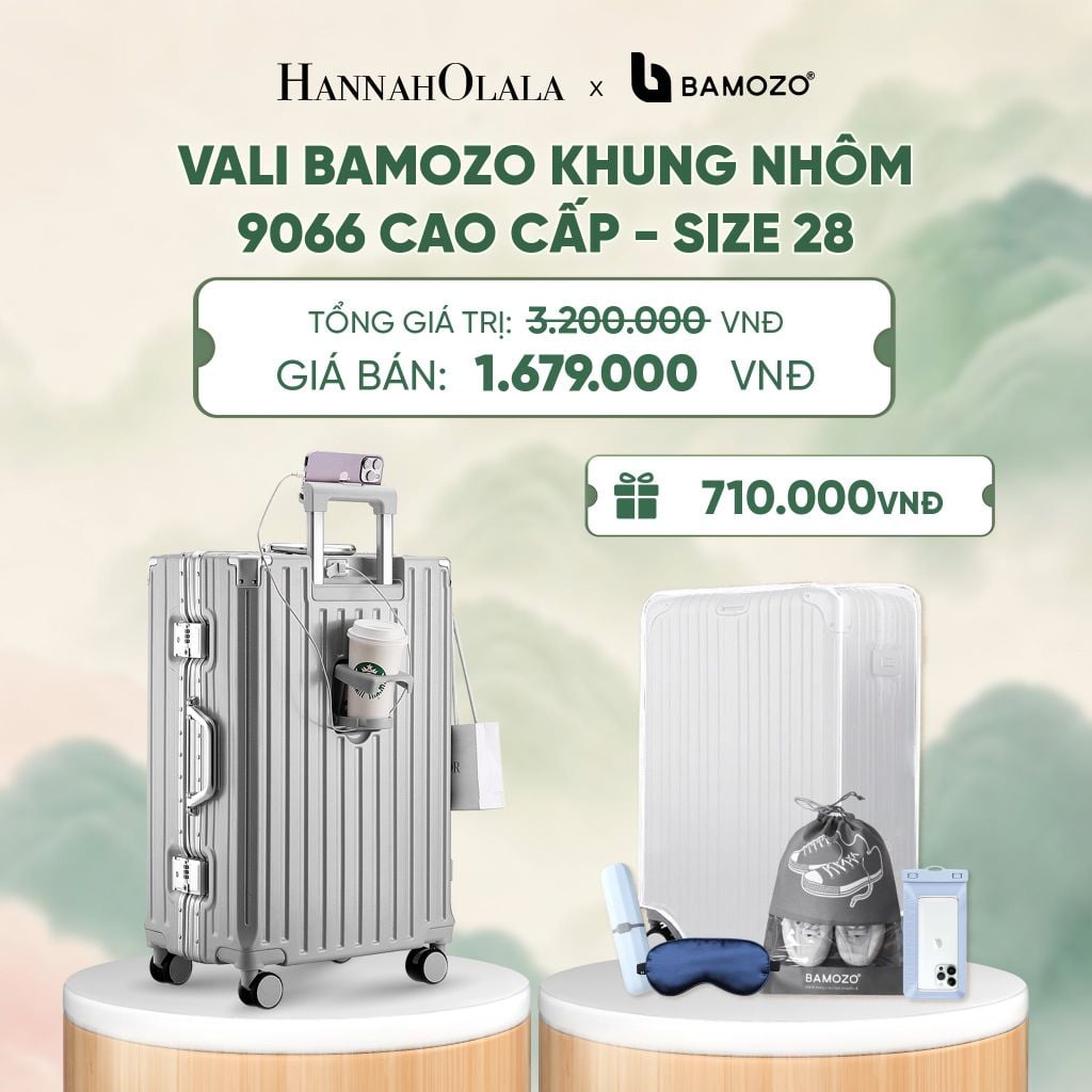  VALI BAMOZO KHUNG NHÔM 9066 BẢN CAO CẤP (TẶNG BỌC VALI CC TRONG SUỐT + HỘP ĐỰNG BÀN CHẢI + TÚI ĐỰNG GIÀY XÁM + TÚI ĐỰNG ĐT CHỐNG NƯỚC + BỊT MẮT) - DEAL 2 - A746 