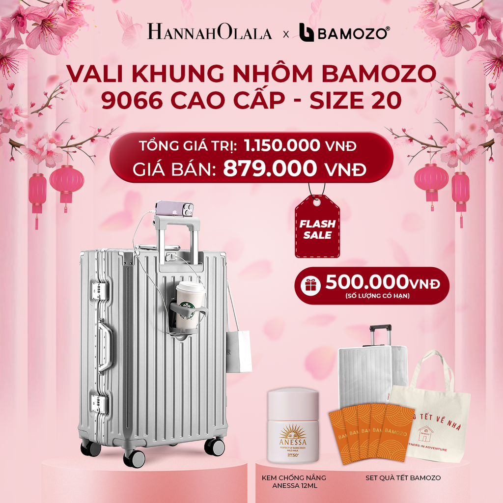  A1716_ FLASH DEAL: VALI BAMOZO KHUNG NHÔM 9066 BẢN CAO CẤP (TẶNG BỌC VALI CC TRONG SUỐT + TỆP LÌ XÌ TẾT + TÚI TOTE + KCN dưỡng da dịu nhẹ ANESSA Perfect UV Sunscreen Mild Milk SPF 50+ PA++++ 12ml) 