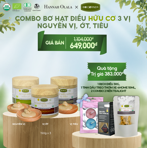  T3_DEAL 3: COMBO BƠ HẠT ĐIỀU HỮU CƠ 3 VỊ - NGUYÊN VỊ, ỚT, TIÊU 