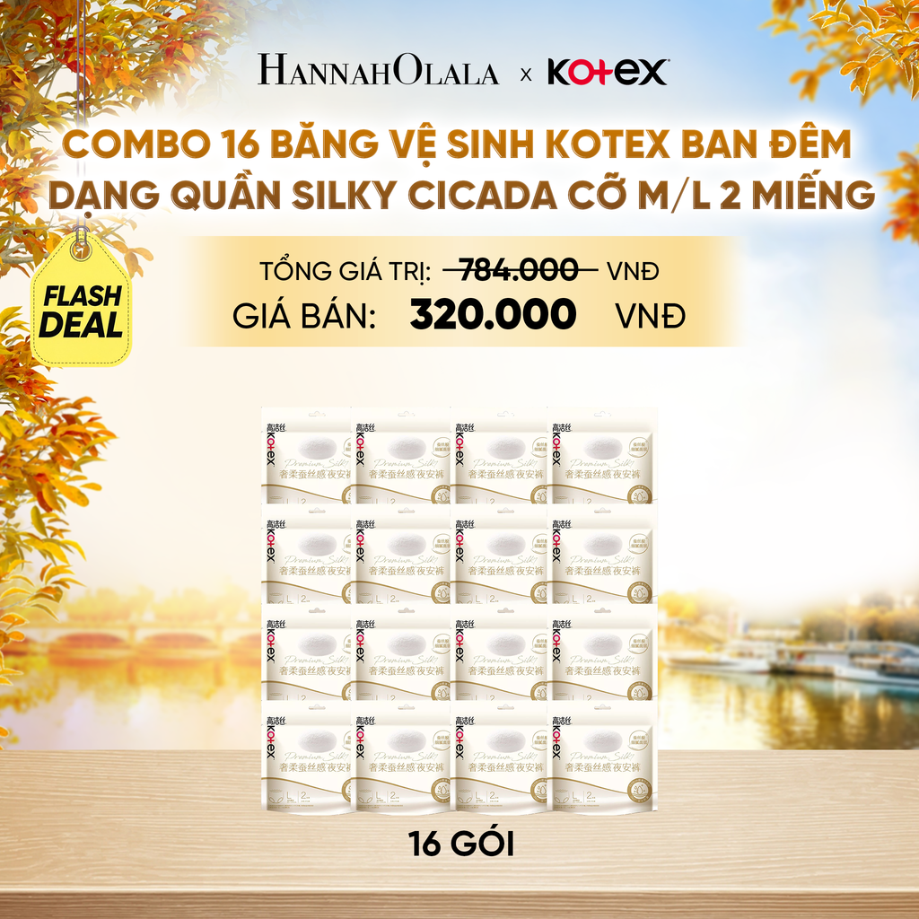  [FLASHDEAL] COMBO 16 BĂNG VỆ SINH KOTEX BAN ĐÊM DẠNG QUẦN SILKY CICADA CỠ M/L 2 MIẾNG - E894 