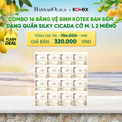  [FLASHDEAL] COMBO 16 BĂNG VỆ SINH KOTEX BAN ĐÊM DẠNG QUẦN SILKY CICADA CỠ M/L 2 MIẾNG 