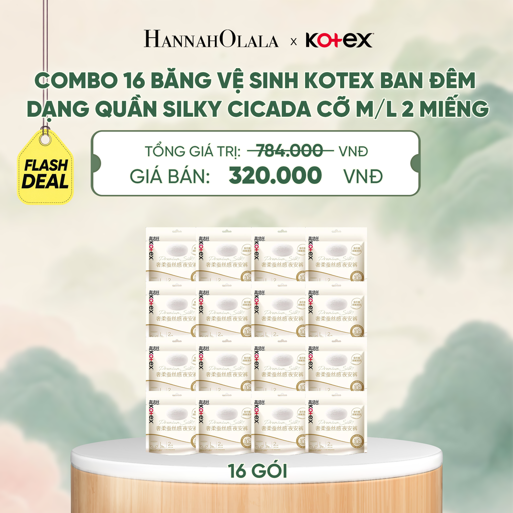  [FLASHDEAL] COMBO 16 BĂNG VỆ SINH KOTEX BAN ĐÊM DẠNG QUẦN SILKY CICADA CỠ M/L 2 MIẾNG - A287 