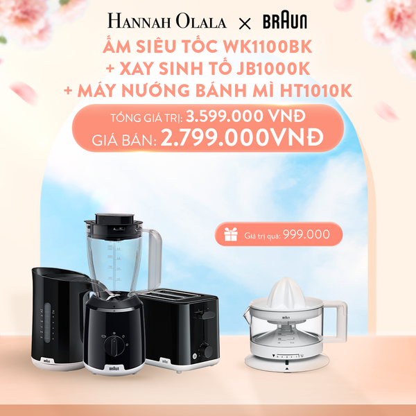  A143_DEAL 7: BRAUN BLACK COLLECTION: ẤM SIÊU TỐC WK1100BK + XAY SINH TỐ JB1000K + MÁY NƯỚNG BÁNH MÌ HT1010K 
