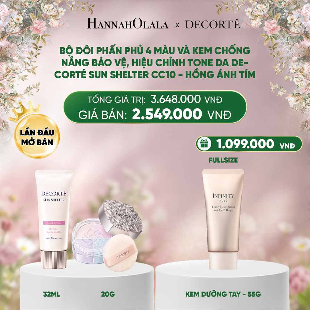  DEAL 5: PHẤN PHỦ DECORTÉ BỘ 4 MÀU 101 101 VÀ KEM CHỐNG NẮNG BẢO VỆ, HIỂU CHỈNH TONE DA DECORTÉ SUN SHELTER CC 10 - HỒNG ÁNH TÍM 