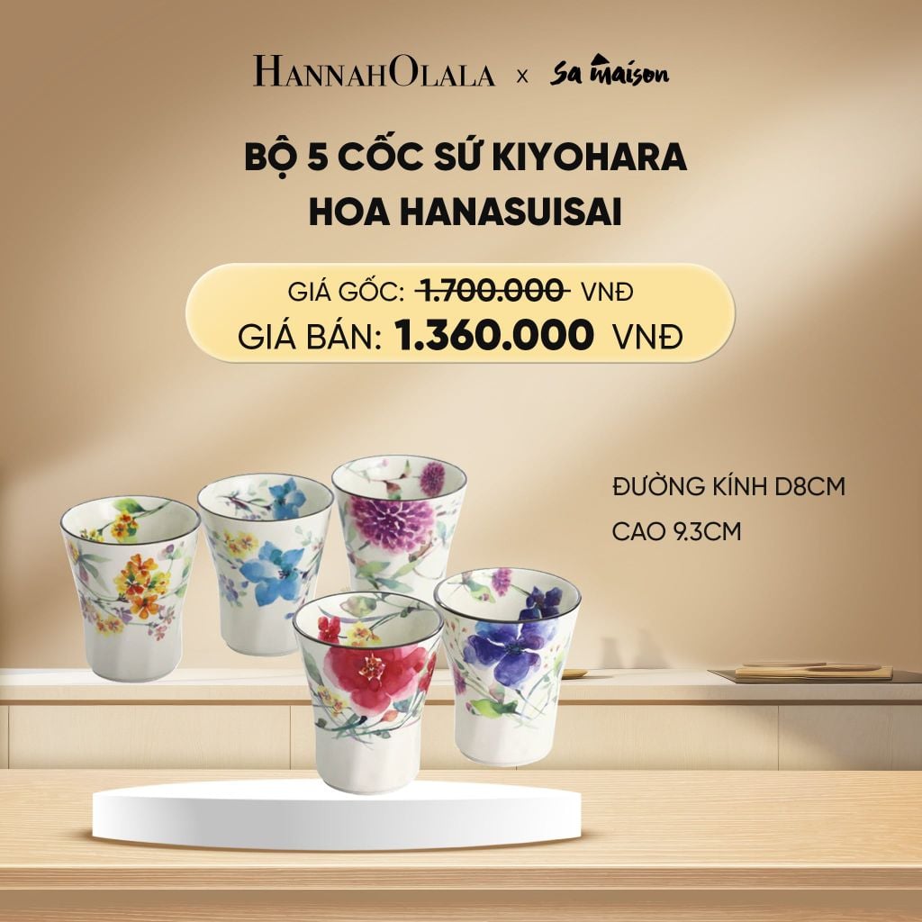  DEAL 8: BỘ 5 CỐC KHÔNG QUAI BẰNG SỨ HOA HANASUISAI, ĐƯỜNG KÍNH D8CM CAO 9.3CM. 
