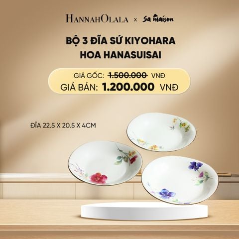  DEAL 12: BỘ 3 ĐĨA BẰNG SỨ HỌA TIẾT HOA HANASUISAI, KÍCH THƯỚC 22.5X20.5XH4CM. 