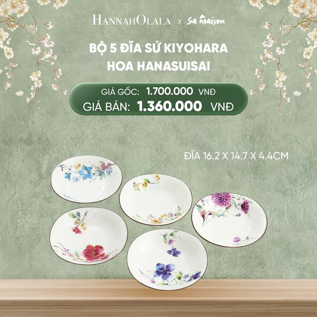  DEAL 11: BỘ 5 ĐĨA BẰNG SỨ HỌA TIẾT HOA HANASUISAI, KÍCH THƯỚC 16.2X14.7XH4.4CM 