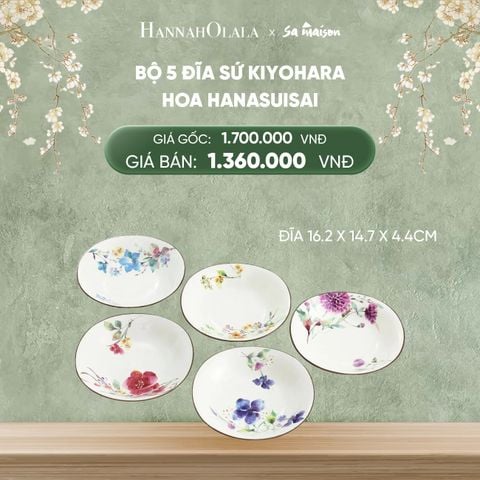  DEAL 11: BỘ 5 ĐĨA BẰNG SỨ HỌA TIẾT HOA HANASUISAI, KÍCH THƯỚC 16.2X14.7XH4.4CM 