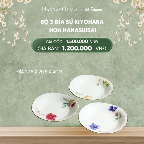  DEAL 12: BỘ 3 ĐĨA BẰNG SỨ HỌA TIẾT HOA HANASUISAI, KÍCH THƯỚC 22.5X20.5XH4CM. 