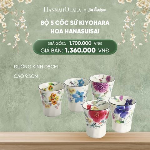 DEAL 8: BỘ 5 CỐC KHÔNG QUAI BẰNG SỨ HOA HANASUISAI, ĐƯỜNG KÍNH D8CM CAO 9.3CM. 