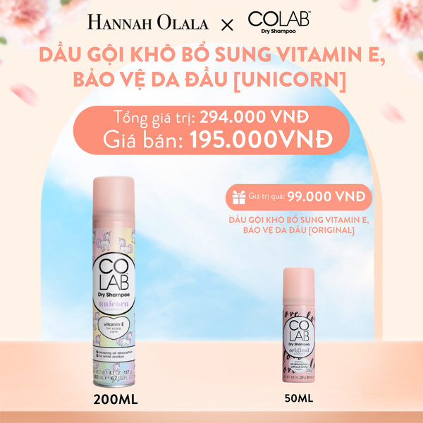 A200_DEAL 3B: DẦU GỘI KHÔ COLAB BỔ SUNG VITAMIN E, BẢO VỆ DA ĐẦU HƯƠNG NGỌT DỊU, THANH MÁT [UNICORN] 200ML TẶNG 1 DẦU GỘI KHÔ COLAB BỔ SUNG VITAMIN E, BẢO VỆ DA ĐẦU [TRUYỀN THỐNG] 50ML 