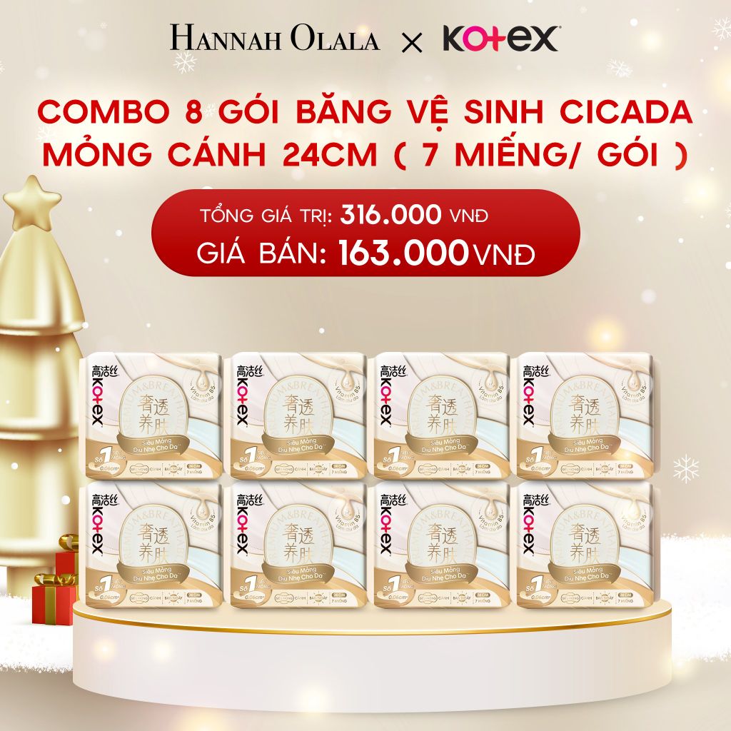  DEAL 3: COMBO 8 GÓI BĂNG VỆ SINH KOTEX NHẬP KHẨU CICADA SIÊU MỎNG CÁNH 24CM 7 MIẾNG 