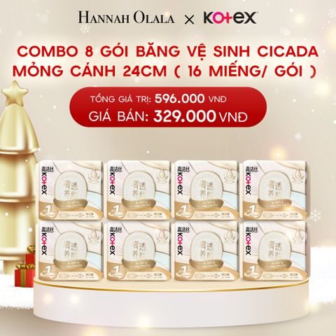  DEAL 1: COMBO 8 GÓI BĂNG VỆ SINH KOTEX NHẬP KHẨU CICADA SIÊU MỎNG CÁNH 24CM 16 MIẾNG 