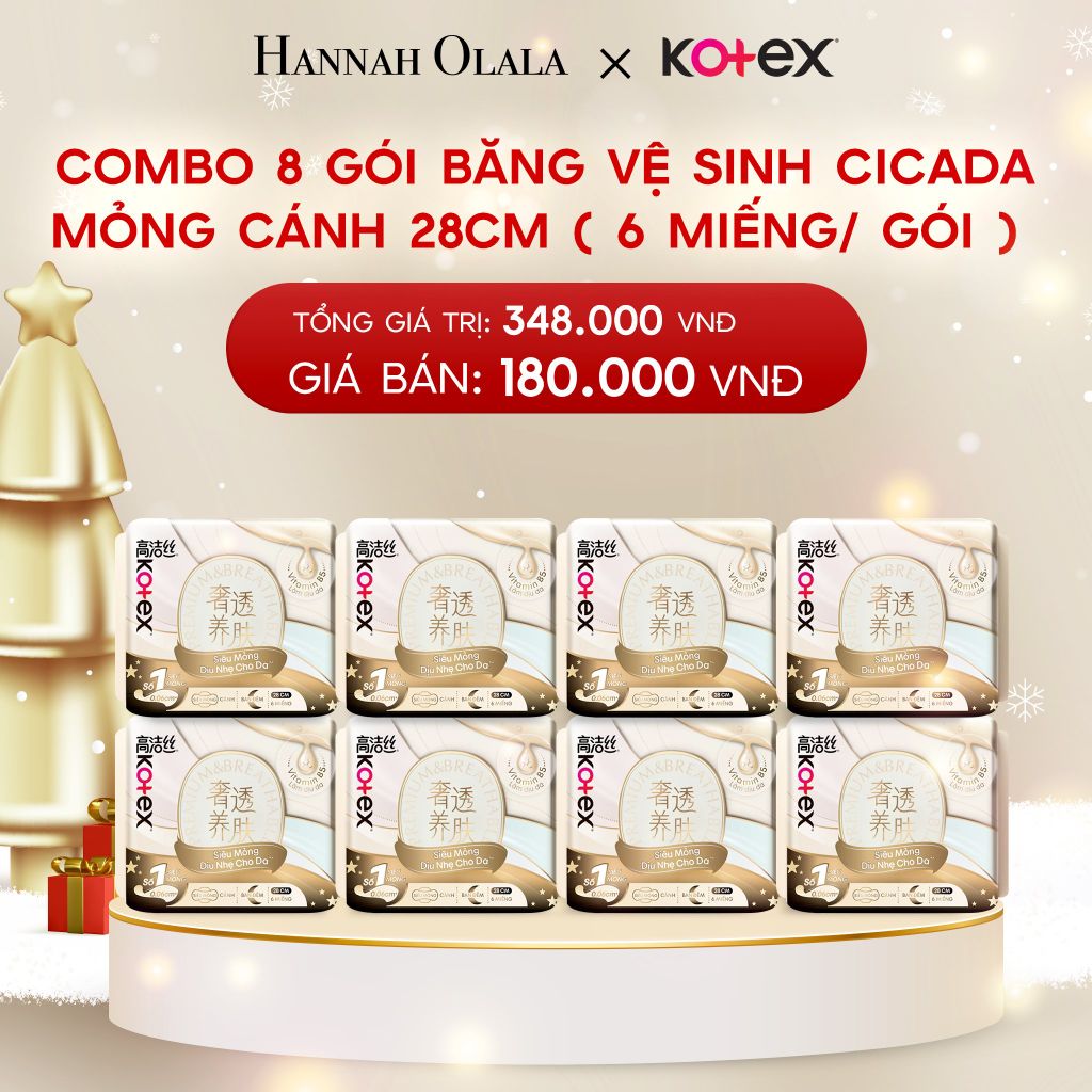  DEAL 2: COMBO 8 GÓI BĂNG VỆ SINH KOTEX NHẬP KHẨU CICADA SIÊU MỎNG CÁNH 28CM 6 MIẾNG 