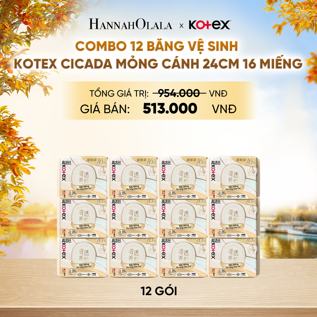  COMBO 12 BĂNG VỆ SINH KOTEX CICADA MỎNG CÁNH 24CM 16 MIẾNG - E895 