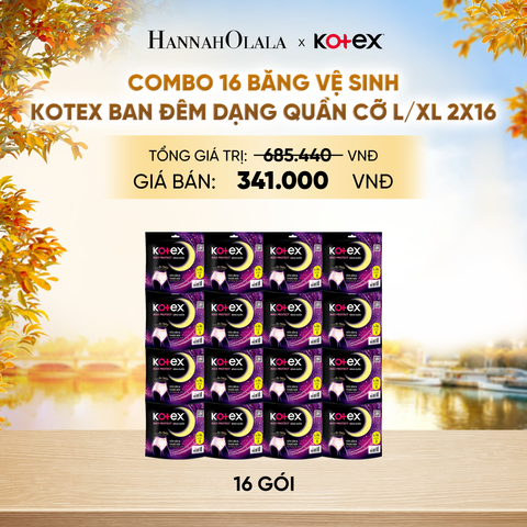 COMBO 16 BĂNG VỆ SINH KOTEX BAN ĐÊM DẠNG QUẦN CỠ L/XL 2X16 - E901 
