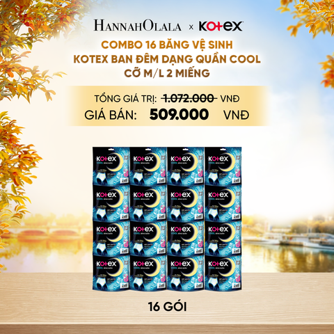  COMBO 16 BĂNG VỆ SINH KOTEX BAN ĐÊM DẠNG QUẦN COOL CỠ M/L 2 MIẾNG - E902 