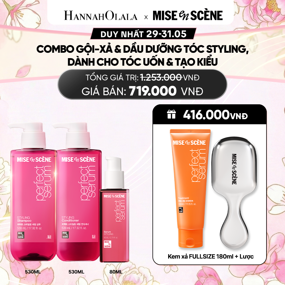  COMBO GỘI XẢ 530ML VÀ TINH CHẤT 80ML MISE EN SCENE PERFECT SERUM STYLING DƯỠNG TÓC SUÔN MƯỢT, DỄ VÀO NẾP DÀNH CHO TÓC UỐN 