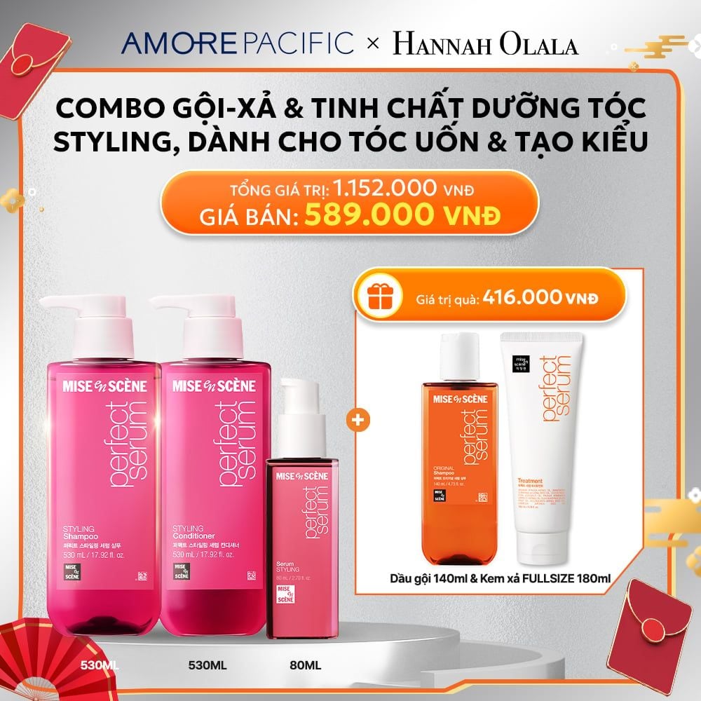  D12_DEAL 3: [FLASH DEAL] COMBO GỘI XẢ 530ML VÀ TINH CHẤT 80ML MISE EN SCENE PERFECT SERUM STYLING DƯỠNG TÓC SUÔN MƯỢT, DỄ VÀO NẾP DÀNH CHO TÓC UỐN 