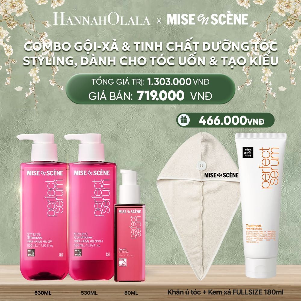  DEAL 3: COMBO GỘI XẢ 530ML VÀ TINH CHẤT 80ML MISE EN SCENE PERFECT SERUM STYLING DƯỠNG TÓC SUÔN MƯỢT, DỄ VÀO NẾP DÀNH CHO TÓC UỐN 