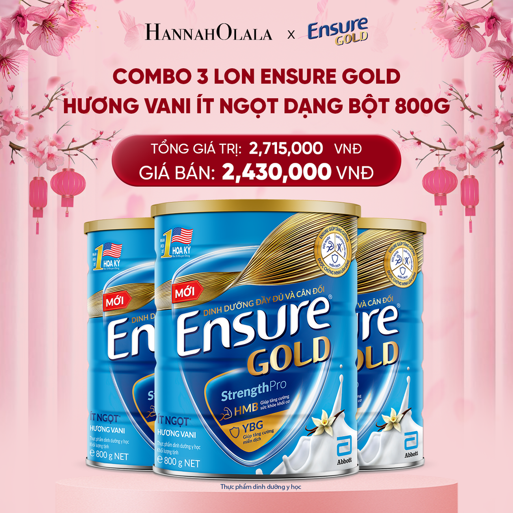  DEAL 11: COMBO 3 LON ENSURE GOLD HƯƠNG VANI ÍT NGỌT DẠNG BỘT 800G 