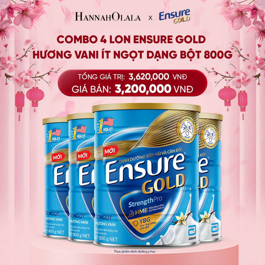  DEAL 13: COMBO 4 LON ENSURE GOLD HƯƠNG VANI ÍT NGỌT DẠNG BỘT 800G 