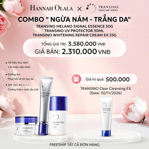  E199: COMBO : NGỪA NÁM - TRẮNG DA TINH CHẤT DƯỠNG TRẮNG NGĂN CHẶN KÉP 30G - KEM CHỐNG NẮNG TRANSINO 30ML - KEM DƯỠNG TRẮNG DA BAN ĐÊM 35G 