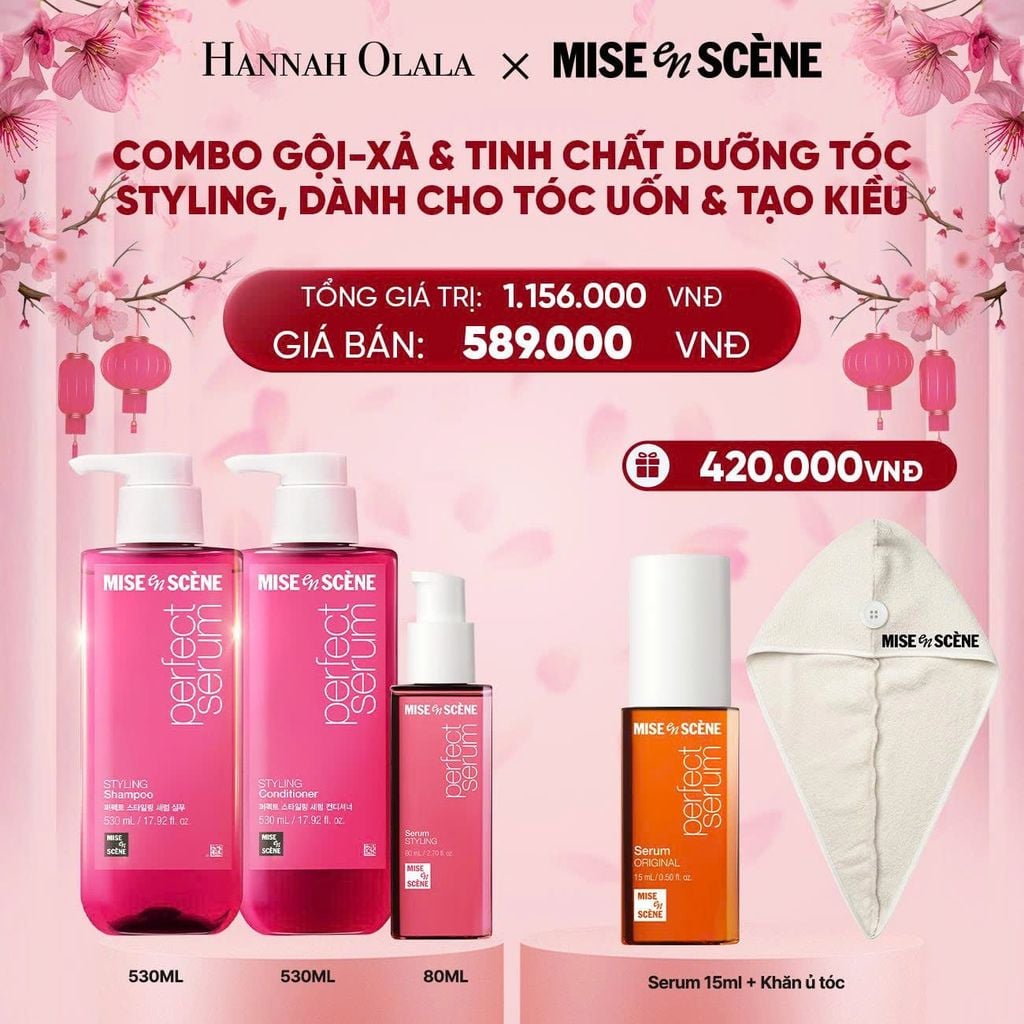  DEAL 3: COMBO GỘI XẢ 530ML VÀ TINH CHẤT 80ML MISE EN SCENE PERFECT SERUM STYLING DƯỠNG TÓC SUÔN MƯỢT, DỄ VÀO NẾP DÀNH CHO TÓC UỐN 