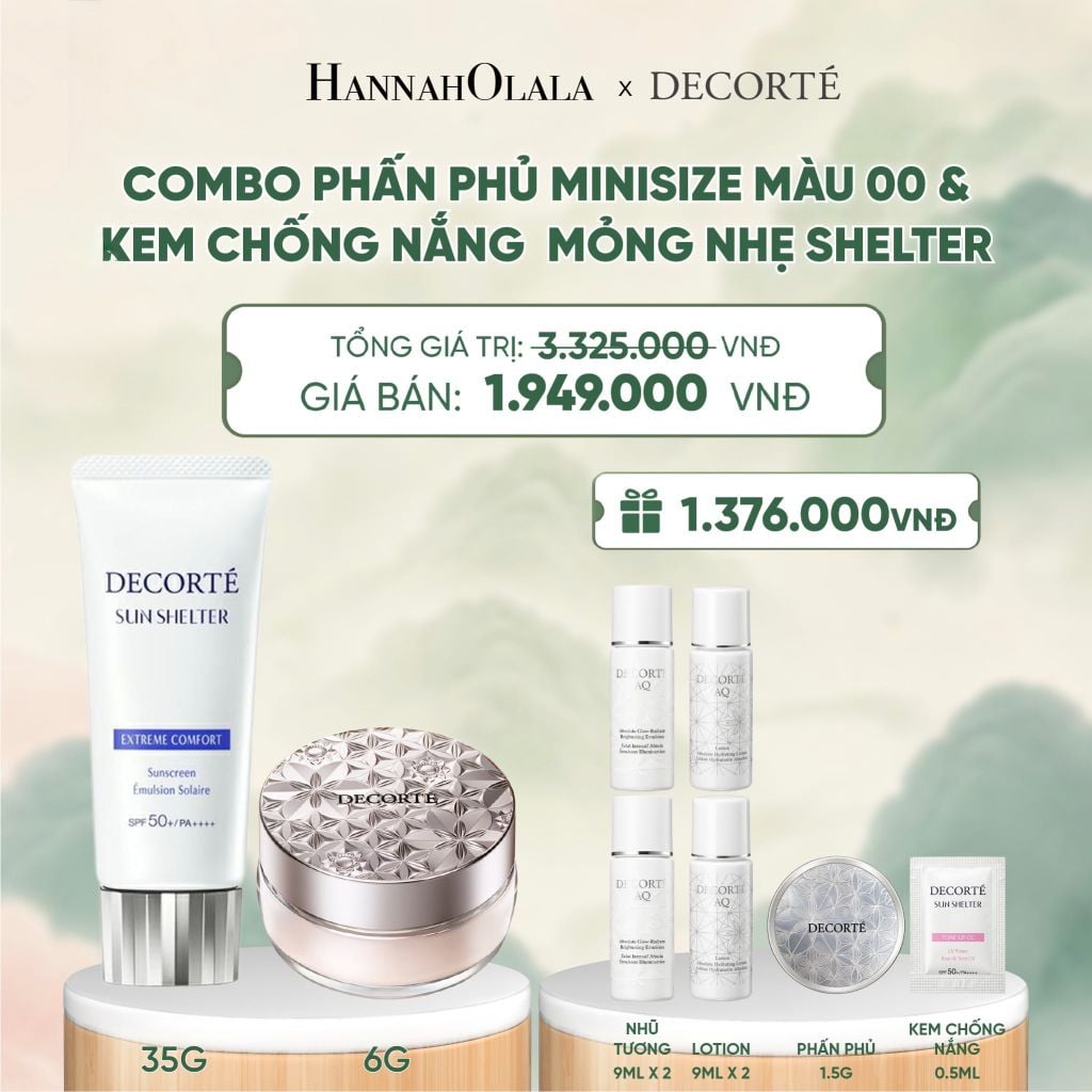  COMBO PHẤN PHỦ MINISIZE MÀU 00 TRONG SUỐT / 01 TRONG SUỐT PHA LÊ & KEM CHỐNG NẮNG DECORTÉ SUN SHELTER - A42 
