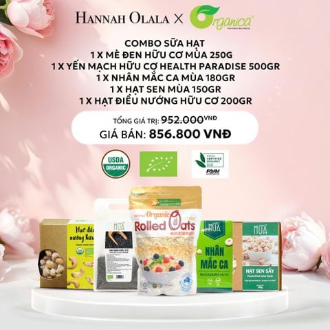  E158: DEAL 16: COMBO SỮA HẠT: 1X MÈ ĐEN HỮU CƠ MÙA 250GR, 1X YẾN MẠCH HỮU CƠ HEALTH PARADISE 500GR, 1X NHÂN MẮC CA MÙA 180GR, 1X HẠT SEN MÙA 150GR, 1X HẠT ĐIỀU NƯỚNG HỮU CƠ 200GR 